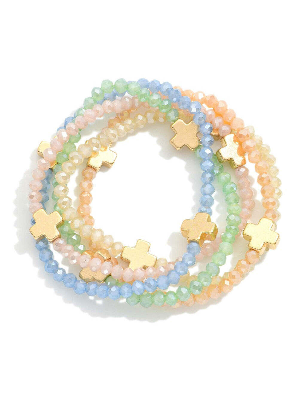 Set of 5 Pastel Beaded Stretch Bracelet Stack Gold Cross Faceted Glass